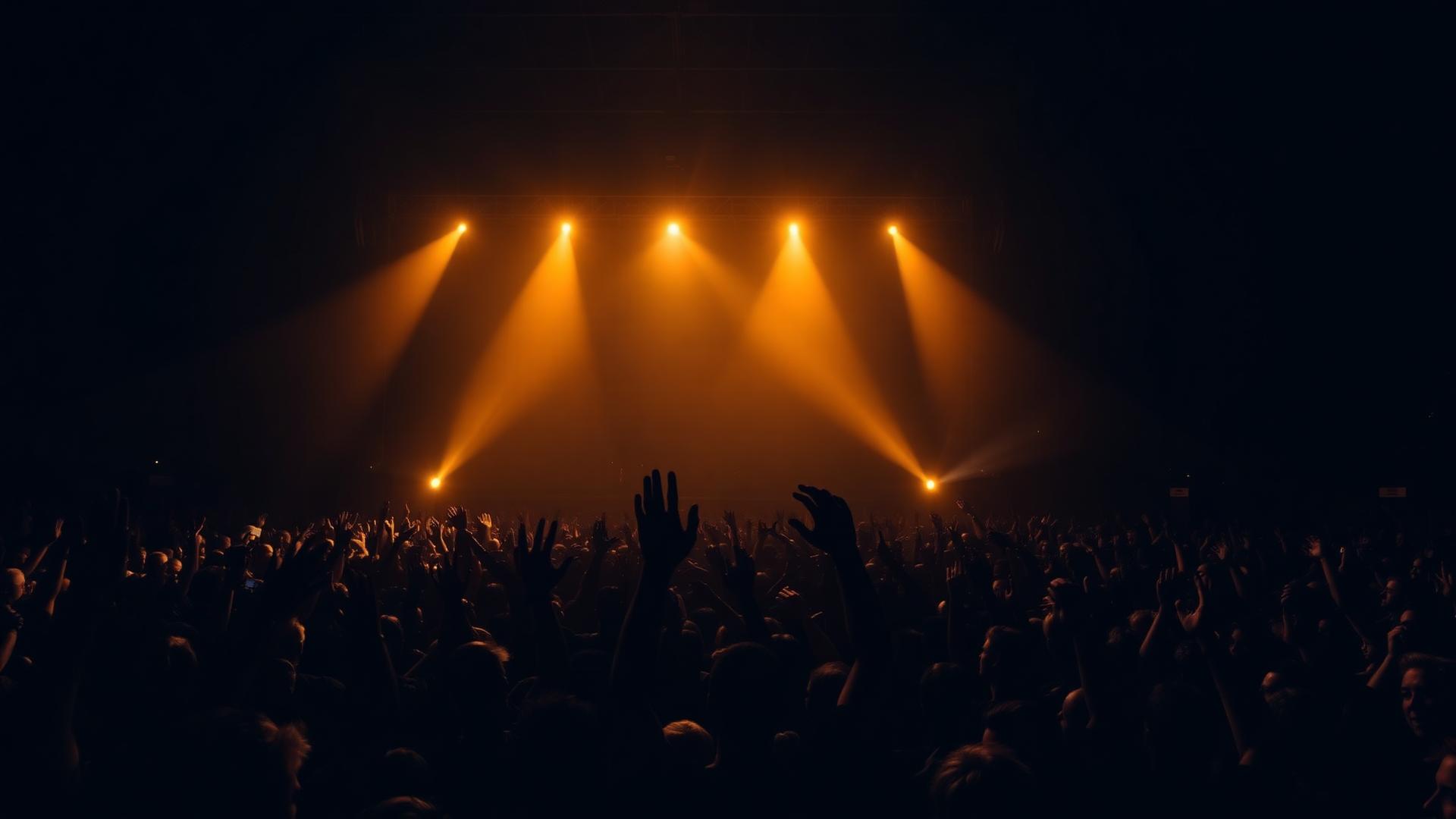 Performer silhouetted against stage lights before a packed arena